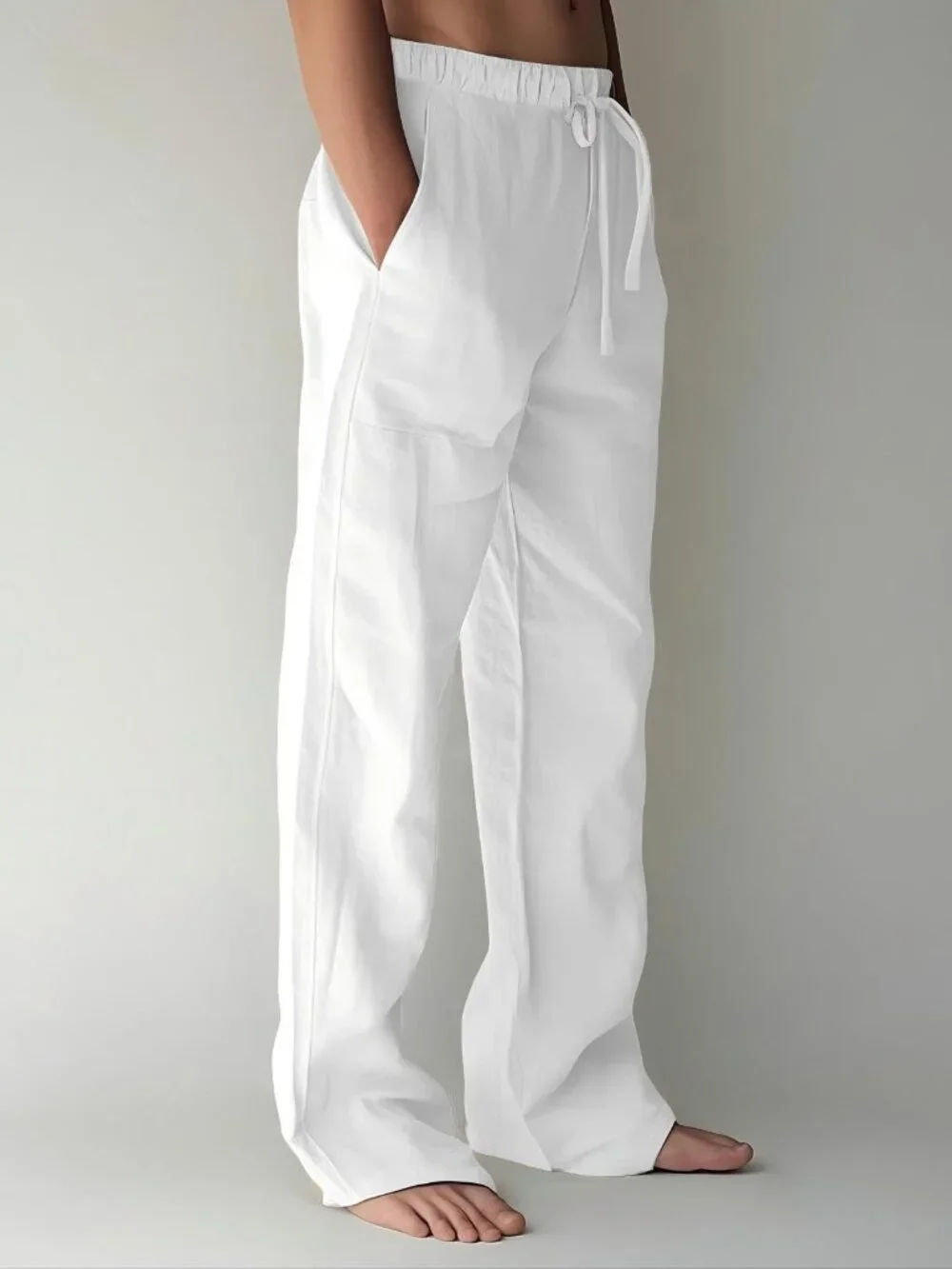 Mens Cotton Blend Pants Loose Fit Drawstring Beach Pants with Pockets White